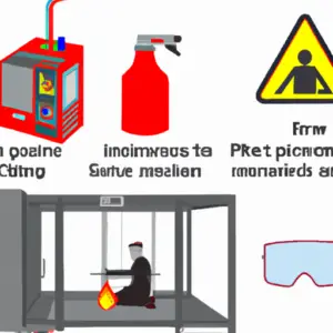 An image that visually depicts a 3D printer setup with safety precautions in place: safety glasses, gloves, fire extinguisher nearby, and a well-ventilated area